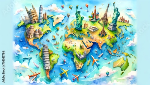 The image is a colorful and whimsical watercolor representation of a world map, featuring iconic landmarks from various countries. © S photographer