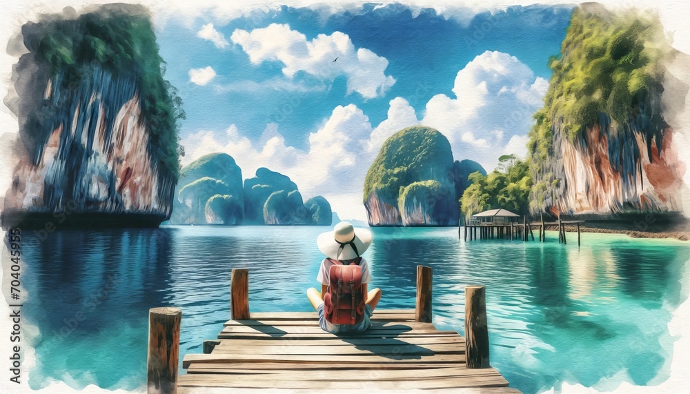 The image portrays a person sitting on a dock, facing a serene tropical landscape.