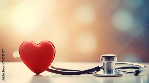 Stethoscope and symbolic red heart on blurred background