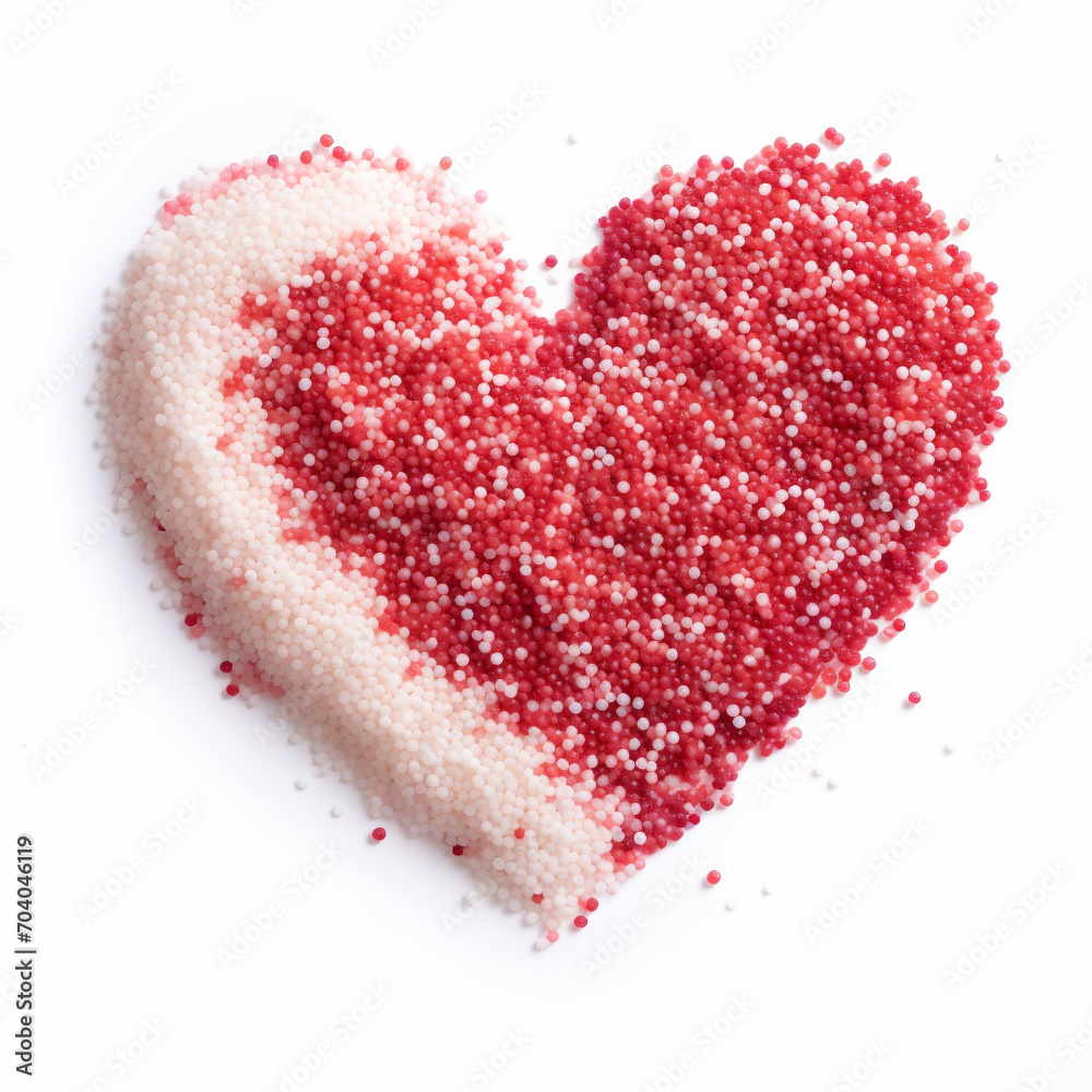 Red, pink and white sprinkles heart shaped isolated on a white background, Valentine's day, love illustration