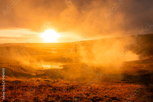 Volcanic landscape of Reykjadalur, steamy valley with natural hot springs, Iceland