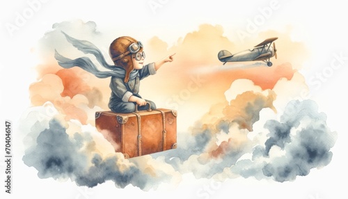 The image is a whimsical watercolor of a child in pilot attire sitting on a suitcase among clouds.