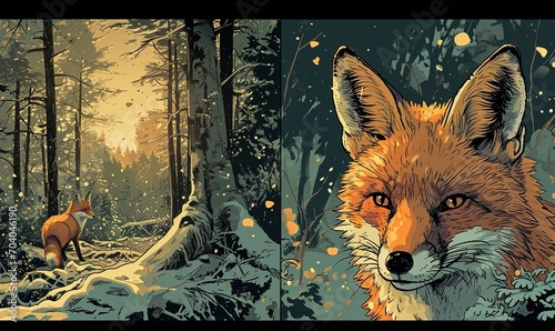 Comic book page with 2 panels red fox in forest photo