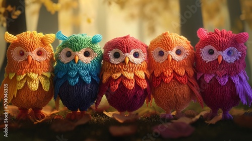 two birds on a fence, Get lost in the endearing world of Chibi knit night owls, standing in unity, with yarn feathers that mimic the colors of the rainbow. The stunning 8k resolution and perfect light