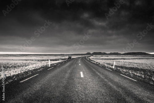 Scenic road in Snaefellsness Penisula at in black and white, Iceland photo