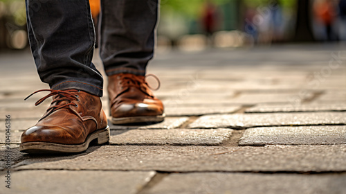Close-up photo of the legs of a walking man wearing brown leather shoes