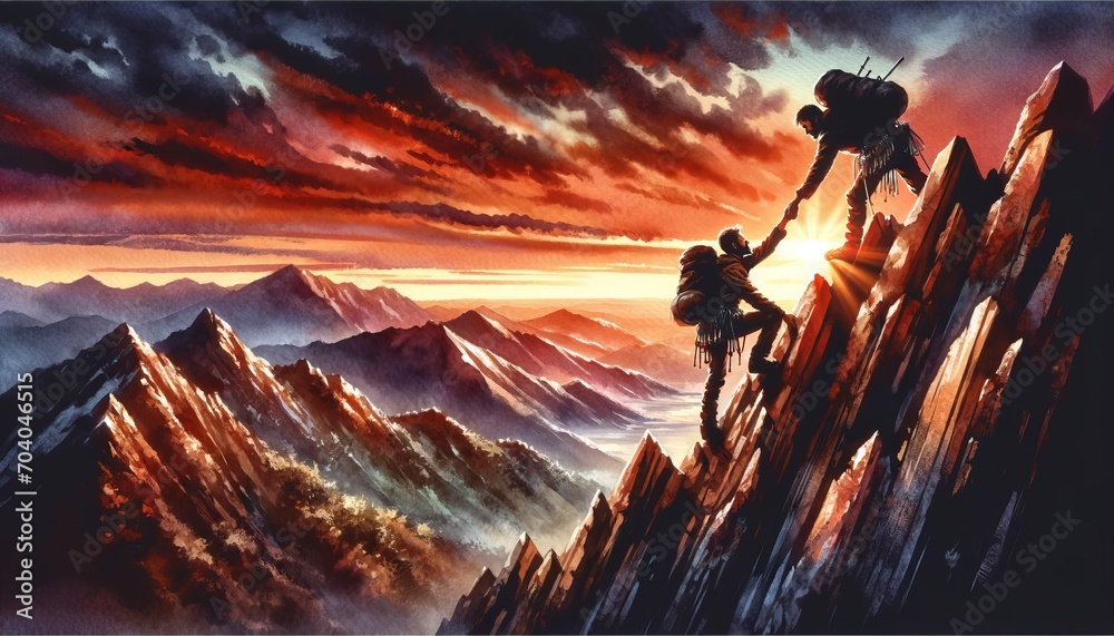 The image is a watercolor of climbers reaching the summit during a vivid mountain sunrise.