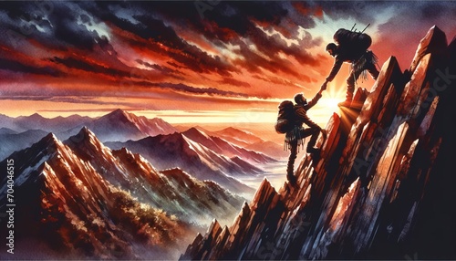 The image is a watercolor of climbers reaching the summit during a vivid mountain sunrise.