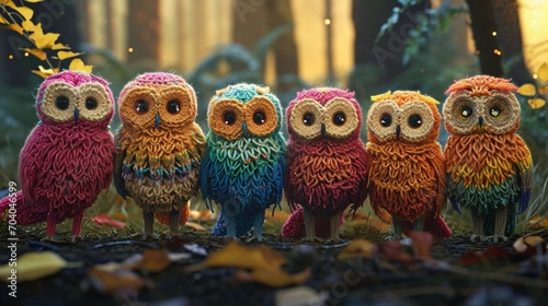 owl on a branch, Get lost in the endearing world of Chibi knit night owls, standing in unity, with yarn feathers that mimic the colors of the rainbow. The stunning 8k resolution and perfect lighting s photo