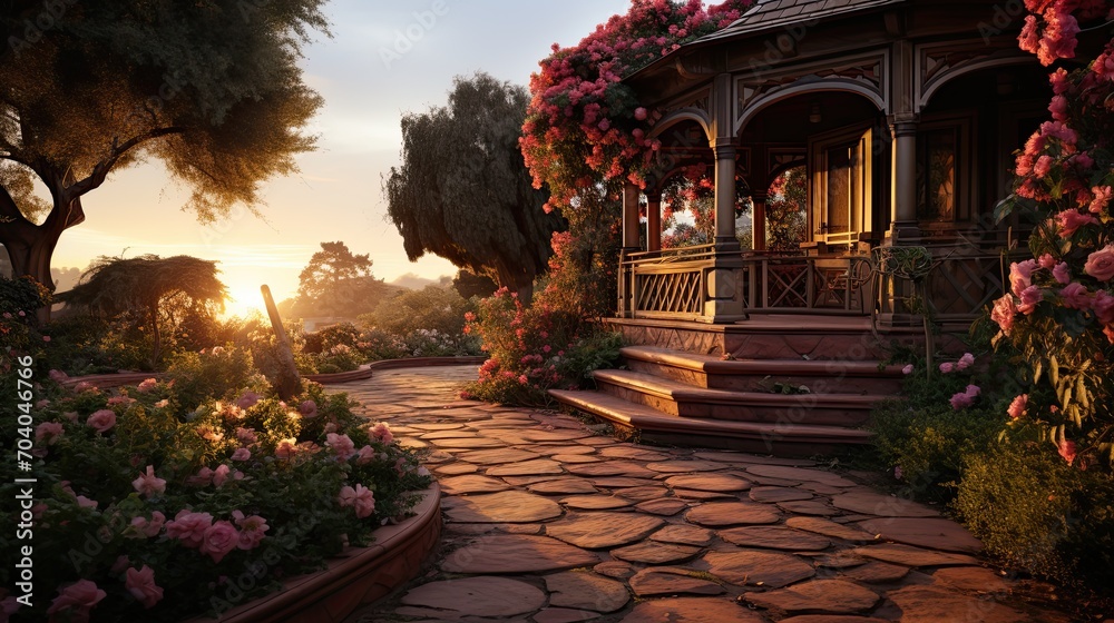 Sunset View of Elegant Porch with Blooming Garden Path
