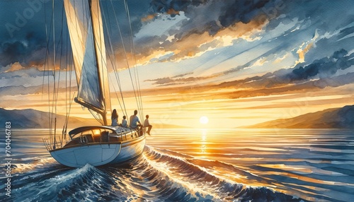 The image shows a watercolor artwork of a sailboat at sea during a vibrant sunset. The sky is streaked with clouds reflecting the warm colors of the sun.