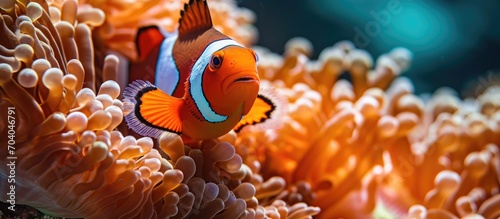 A fake clownfish is in the tentacles of a colorful host anemone on a coral reef in Raja Ampat, Indonesia.