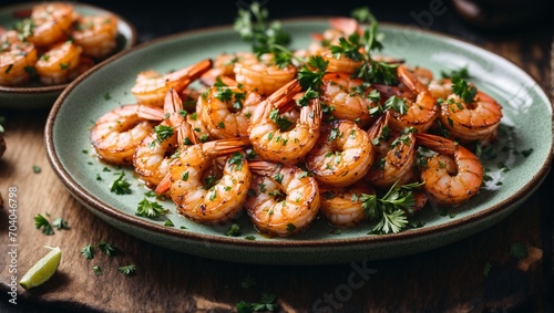 Delectable Grilled Shrimp Infused with Garlic and Parsley, Presented on an Elegant Ceramic Plate - Perfect for Culinary Creations.
