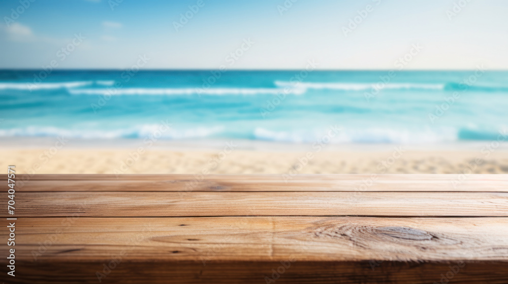 Fototapeta premium Beachside Relaxation: Wooden Surface with Soft Focus Seashore and Azure Sea, Perfect for Summer Themes