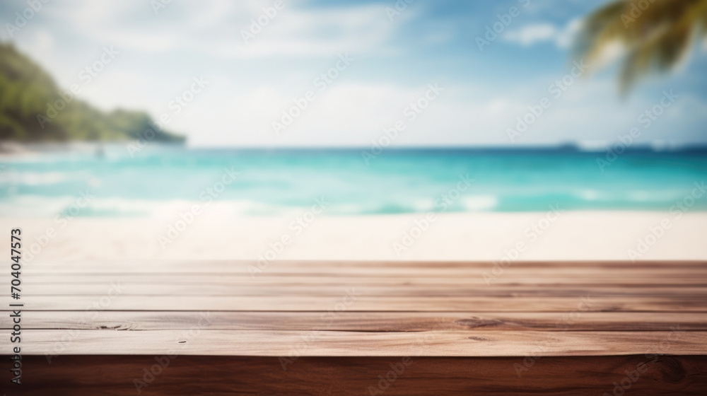 Sunny Shoreline View: Wooden Table with Beach and Sea in Blurred Background, Ideal for Summer Advertisements