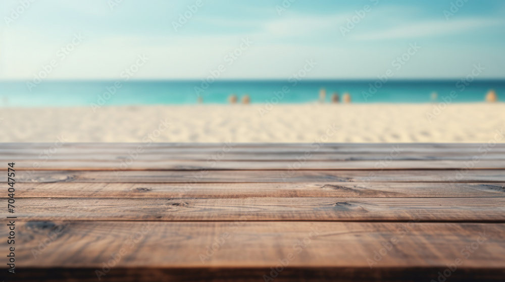 Vacation Mood: Wooden Desk with Defocused Seashore and Deep Blue Ocean, Perfect for Summer Adverts Vacation Mood: Wooden Desk with Defocused Seashore and Deep Blue Ocean, Perfect for Summer Adverts