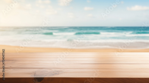 Seaside Serenity: Empty Wood Table by Blurred Shoreline and Azure Ocean, Perfect for Beach-Themed Concepts