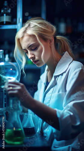 Young female scientist carefully analyzing a flask with blue liquid in a laboratory.