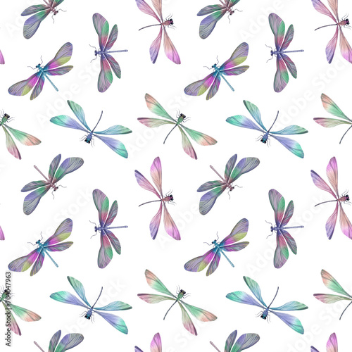 Seamless colorful pattern, dragonflies drawn in watercolors in digital processing, on a white background for the design of wrapping paper, wallpaper, textiles