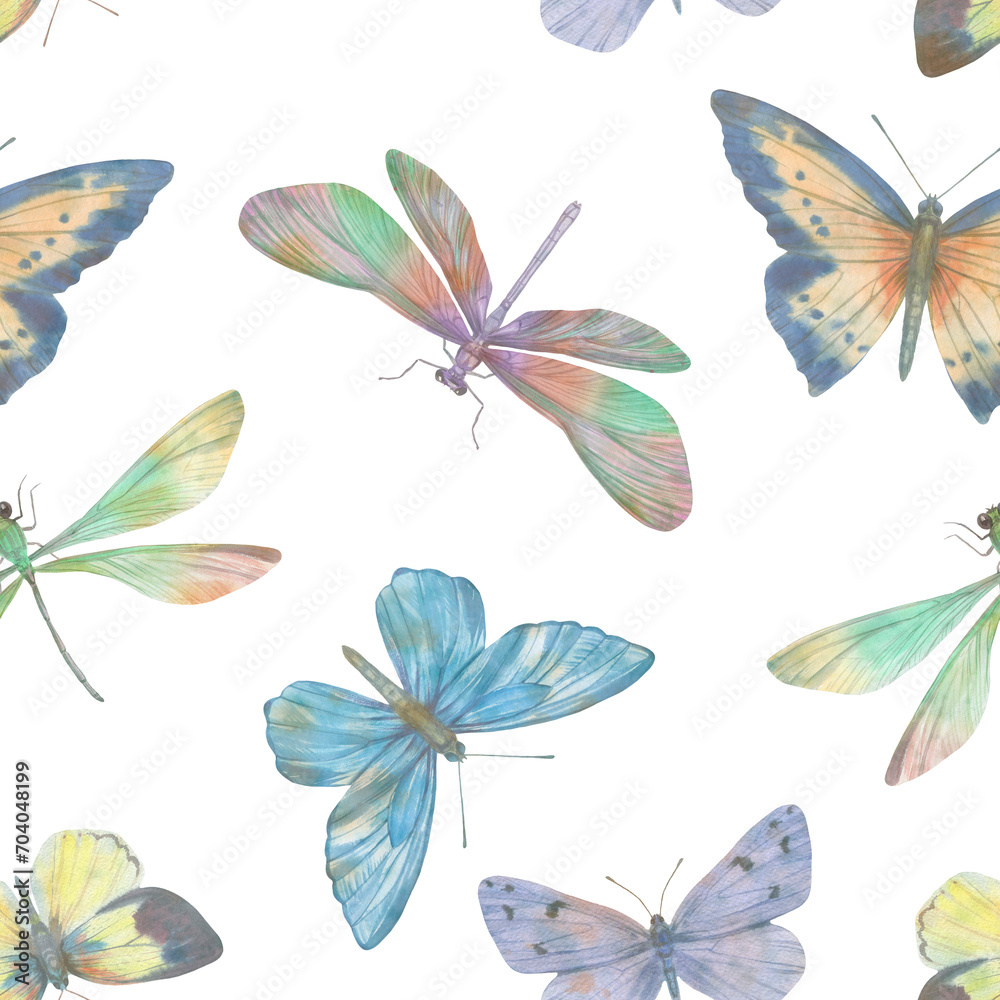 Seamless pattern of delicate watercolor butterflies on a white background. Cute watercolor butterflies in soft colors for design. Seamless pattern of delicate watercolor butterflies on a white background. Cute watercolor butterflies in soft colors for design.