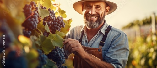 Happy farmer or winemaker using tablet checks ripe grapes on vines for high quality wine production during harvest season in vineyard.