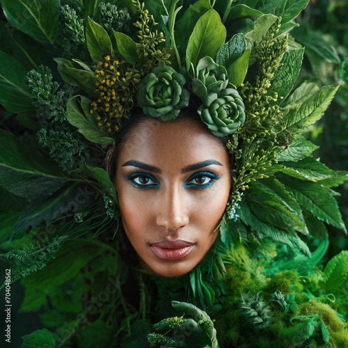 a creature made of plants with human appearance as mother nature, green skin as nature and environment