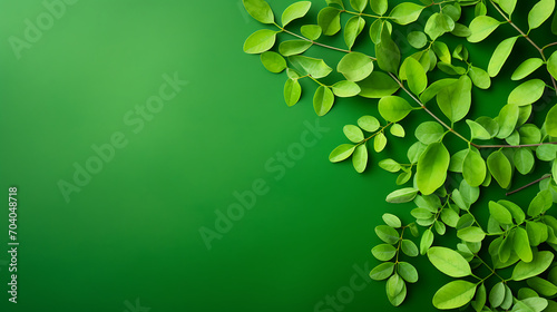 Top view of fresh moringa leaves on a green background, providing ample copy space
