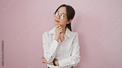 Young chinese woman wearing glasses standing thinking concentrated about doubt with finger on chin and looking up wondering over isolated pink background photo