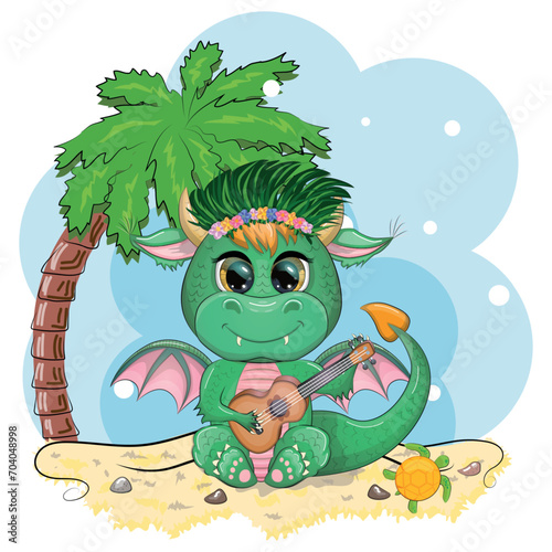 Cute cartoon green baby dragon with ukulele on the beach. Symbol of 2024 according to the Chinese calendar © MichiruKayo