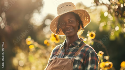 A lovely, kind, happy, and satisfied, elderly black woman working in the garden or as a farmer, beekeeper looking into the camera. Wearing a flannel shirt and a hat, at sunset. 