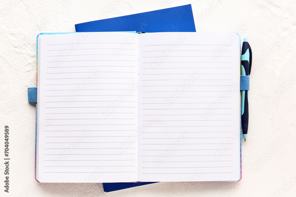 Blank open notebook with pen on light background Blank open notebook with pen on light background