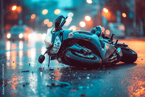 Fallen Motorcycle on Rain-Drenched Street at Dusk