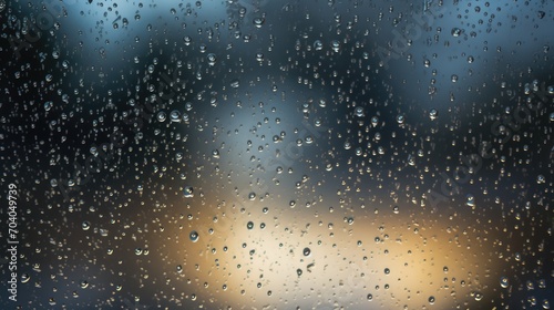 Close-up of raindrops on transparent glass.Blurred background of a silhouette landscape, blurred background of city lights.The texture of wet glass. Abstract background. photo