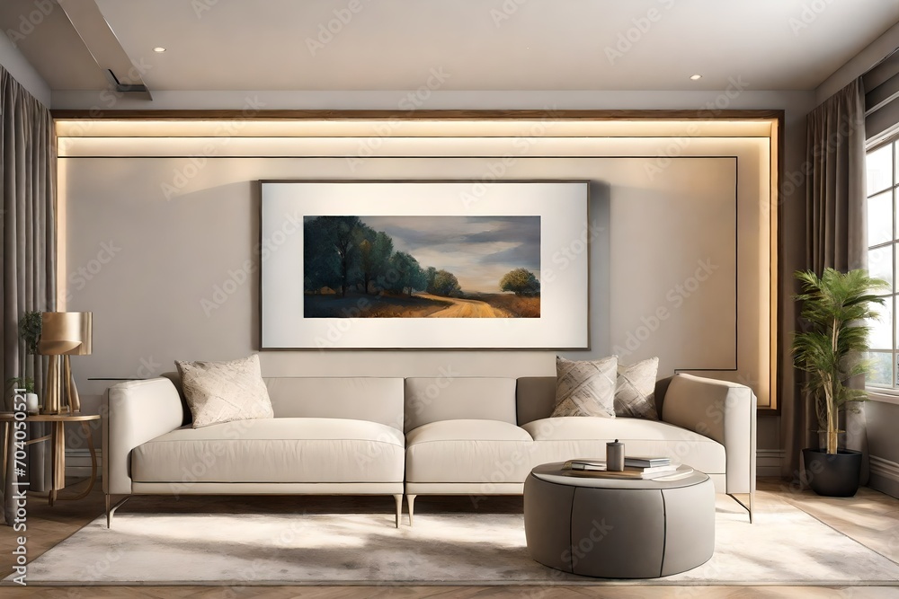 A Canvas Frame for a mockup elegantly framed by recessed lighting, encapsulating the state-of-the-art essence of a modern family room with smart home features. A Canvas Frame for a mockup elegantly framed by recessed lighting, encapsulating the state-of-the-art essence of a modern family room with smart home features.