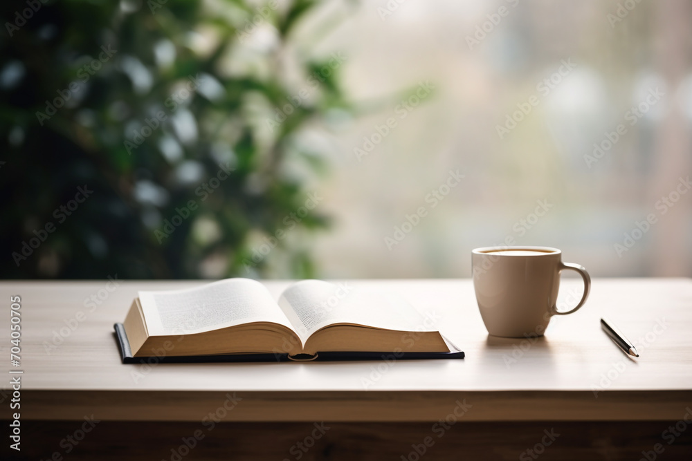 Hobbies and leisure concept. Still life background composition of plant, book, cup of tea or coffee places on table in front of the window. Natural sunlight illuminating composition on desk Hobbies and leisure concept. Still life background composition of plant, book, cup of tea or coffee places on table in front of the window. Natural sunlight illuminating composition on desk