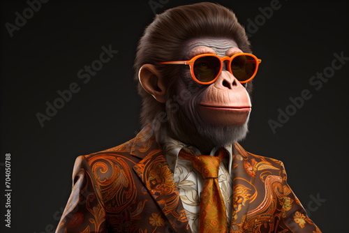 Funny monkey wearing a suit and orange glasses on a dark background, Ai Generated © Mediapro