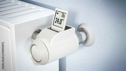 Smart thermostatic radiator valve with LCD screen. 3D illustration photo
