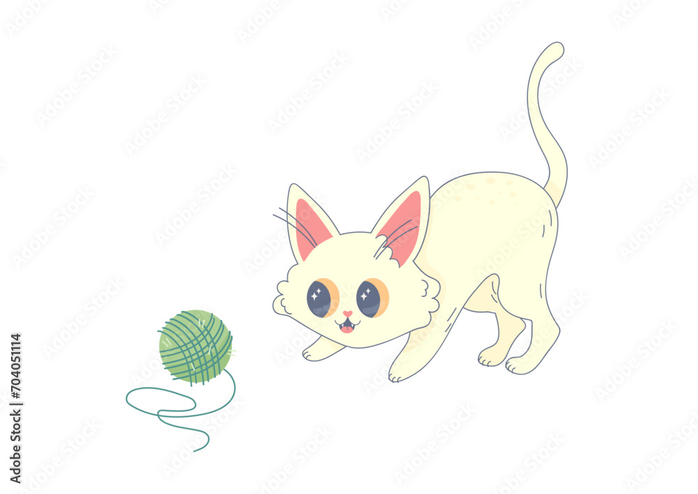 Cute white cat playing with a ball of thread, kawaii