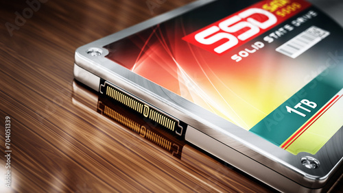 Generic SSD standing on wooden table. 3D illustration