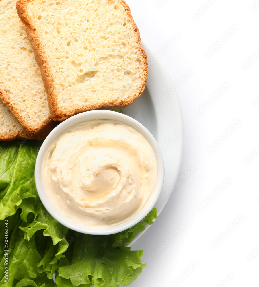 Bowl with tasty cream cheese and bread on white background Bowl with tasty cream cheese and bread on white background