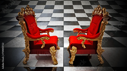 Opposing two thrones standing on checkered board. 3D illustration photo