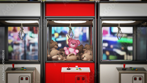 Red box stands out among toys vending machines with crane. 3D illustration photo