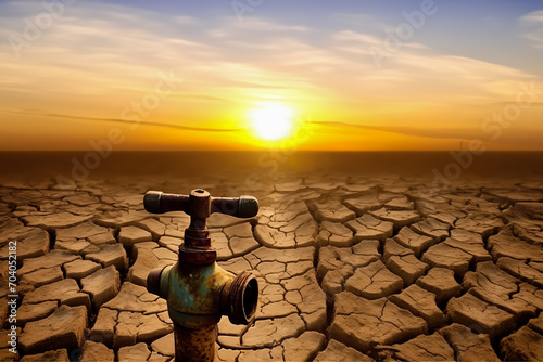 Drought land, Dries, Global drought. Water faucet in Dry cracked earth. Water crisis and World Climate change. Dried earth in Water crisis in nature. No freshwater in desert. Cracked dried earth soil photo