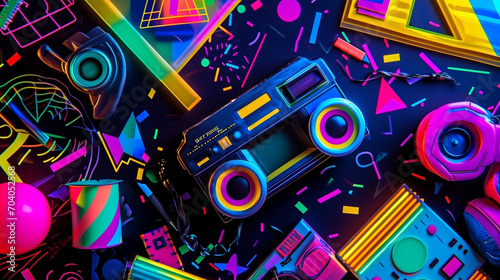 Back To The 90's Backdrop on black background, 90s Theme Party Decoration, Retro Birthday Sign, Nostalgic Disco, Millennial Gen Z Hip Hop Banner. Typical retro background of the 90’s. photo