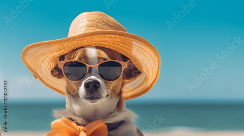 beautiful chihuahua dog on beach vacation with hat and sunglasses sunbathing © Jess rodriguez