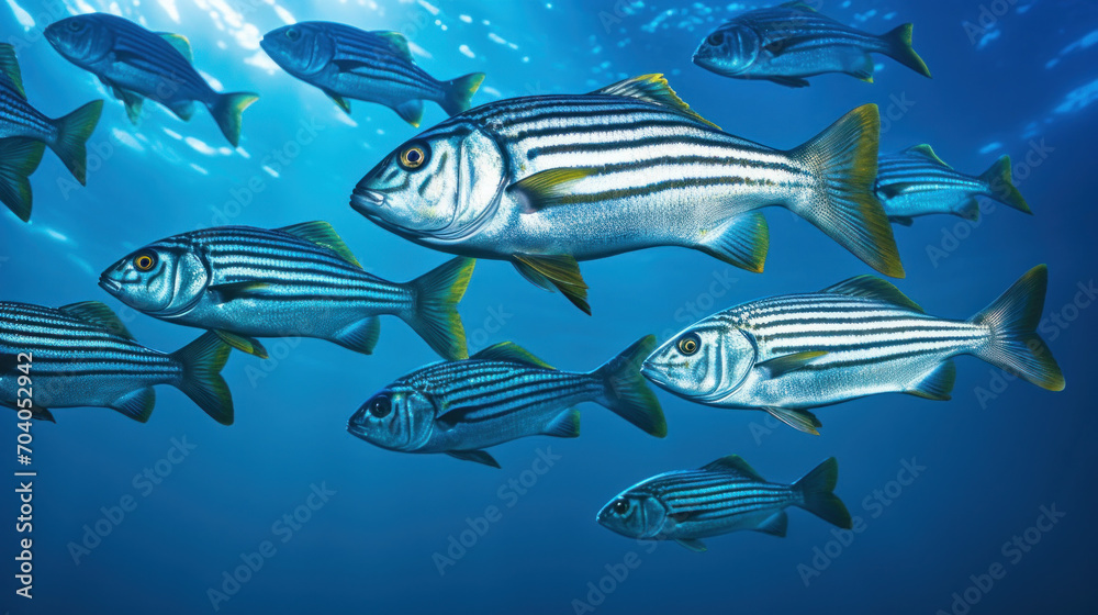 Fototapeta premium A school of striped fish elegantly glides through the blue underwater world, reflecting sunlight.