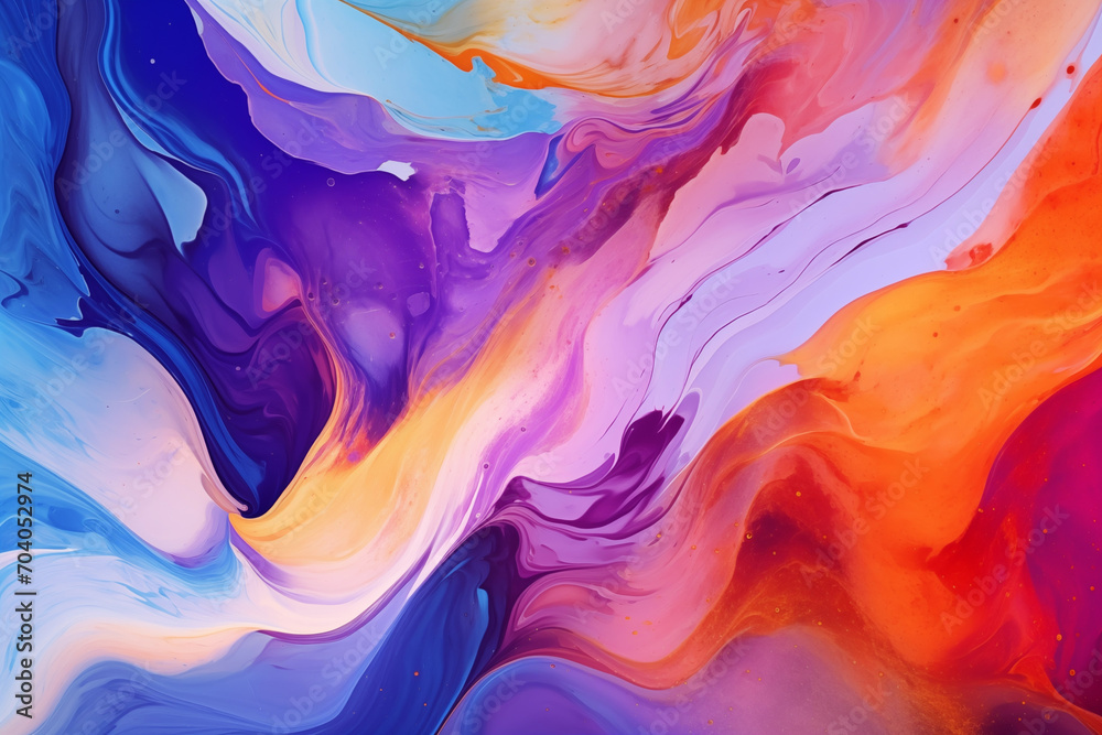 Vibrant and abstract background featuring fluid art. Trendy neon gradient in orange with a marble effect in purple, orange and blue. Bright stylish backdrop 