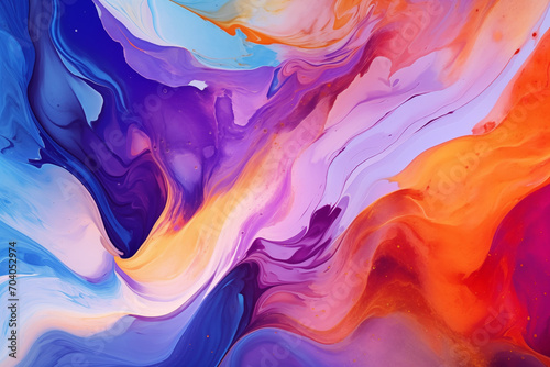 Vibrant and abstract background featuring fluid art. Trendy neon gradient in orange with a marble effect in purple, orange and blue. Bright stylish backdrop 
