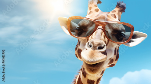 giraffe with glasses sunbathing on the beach concept of enjoying the holidays photo