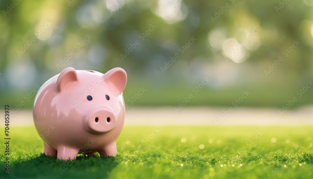 Konzept umweltbewusstes Sparen - Rosa Sparschwein auf grüner Wiese